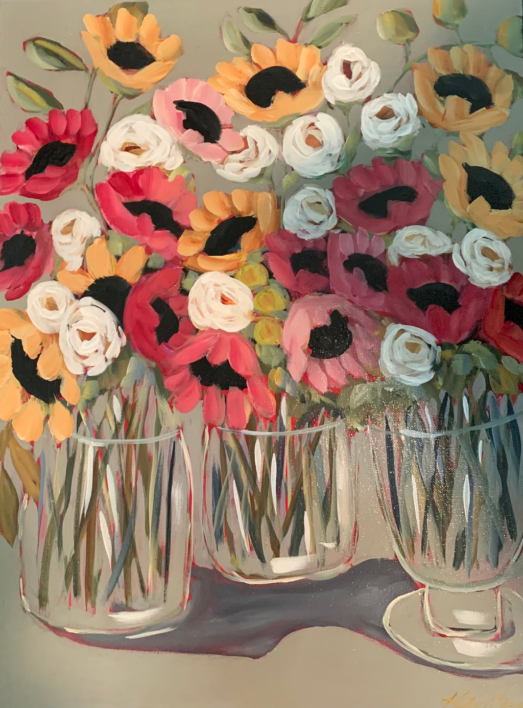 18x24 Kate Bruce acrylic floral with three vases