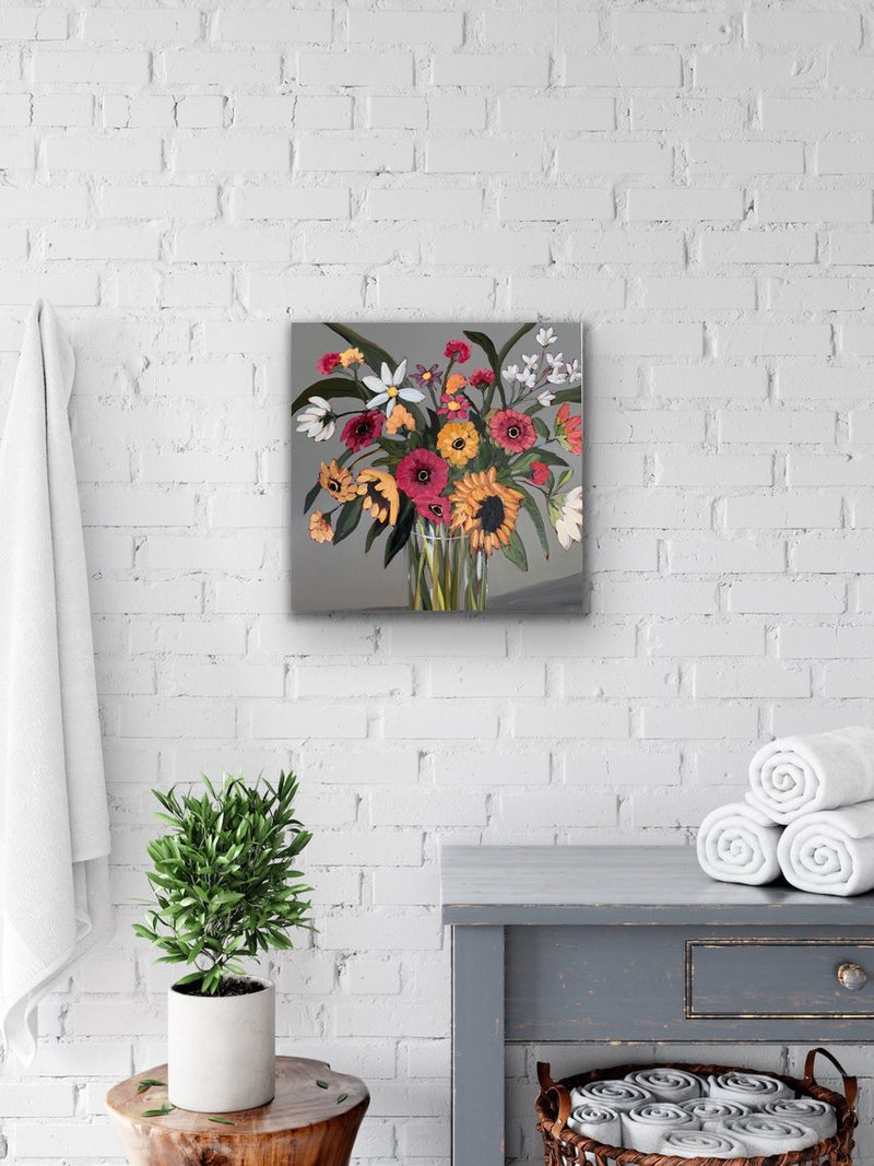 24x24 Framed Kate Bruce acrylic painting of sunflowers and friends