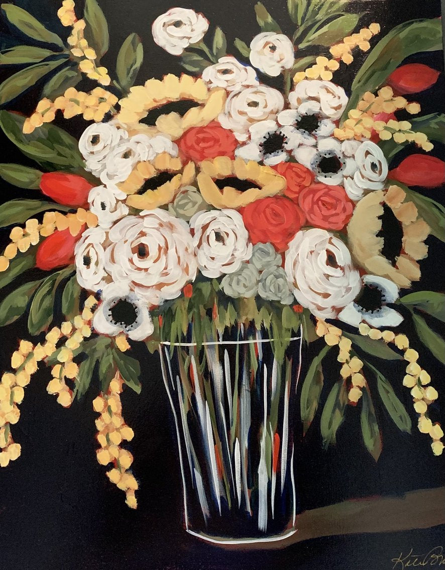 24x30 Kate Bruce floral painting with dark background