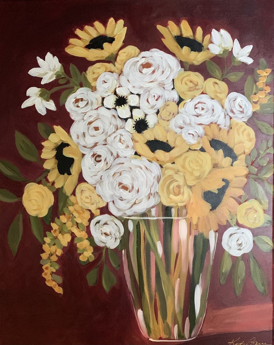 24x30 Kate Bruce acrylic floral painting with a rich red background