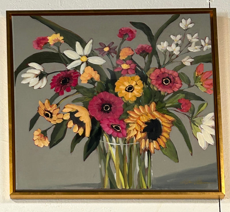 24x24 Framed Kate Bruce acrylic painting of sunflowers and friends