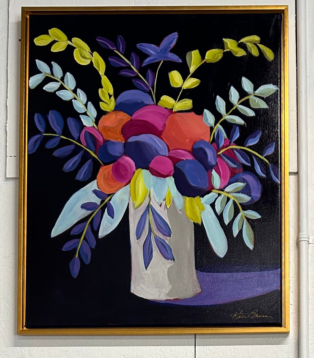 24x30 Kate Bruce floral acrylic painting with purple purpose