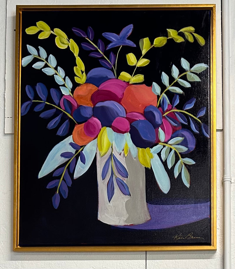 24x30 Kate Bruce floral acrylic painting with purple purpose