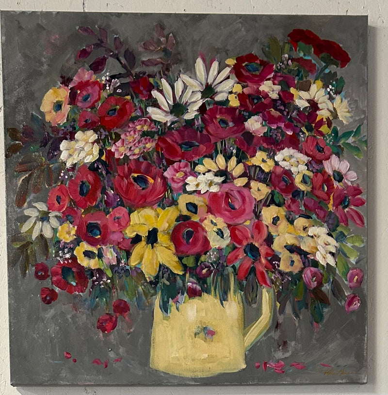 30x30 Kate Bruce original floral painting with yellow pitcher
