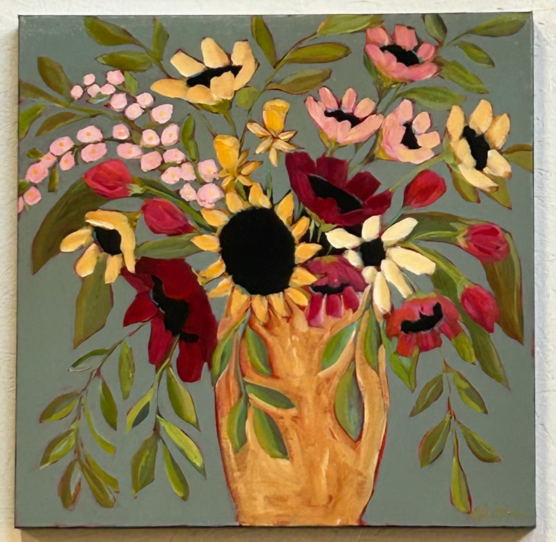 20x20 Colorful bouquet in gold vase original painting by Kate Bruce