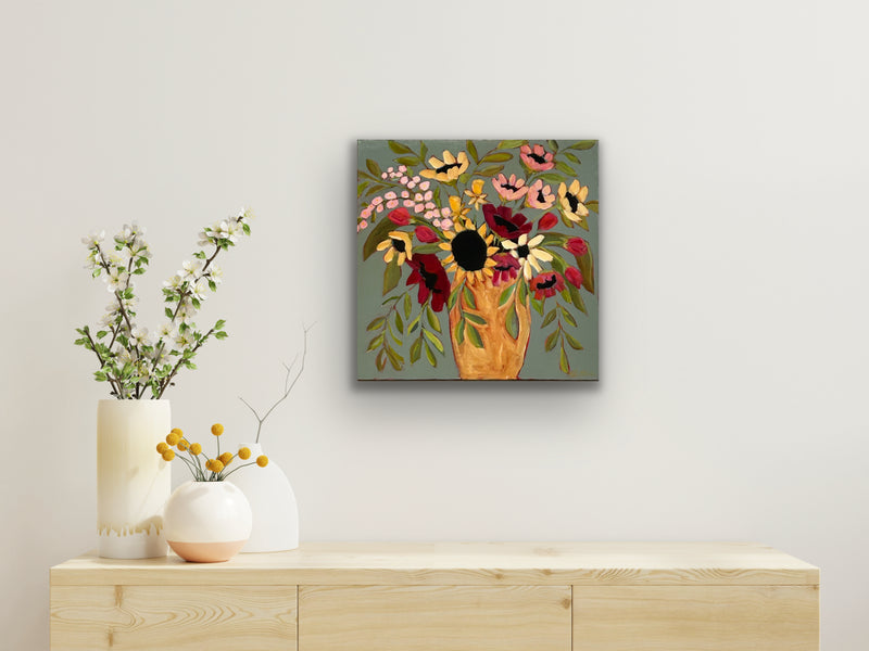 20x20 Colorful bouquet in gold vase original painting by Kate Bruce