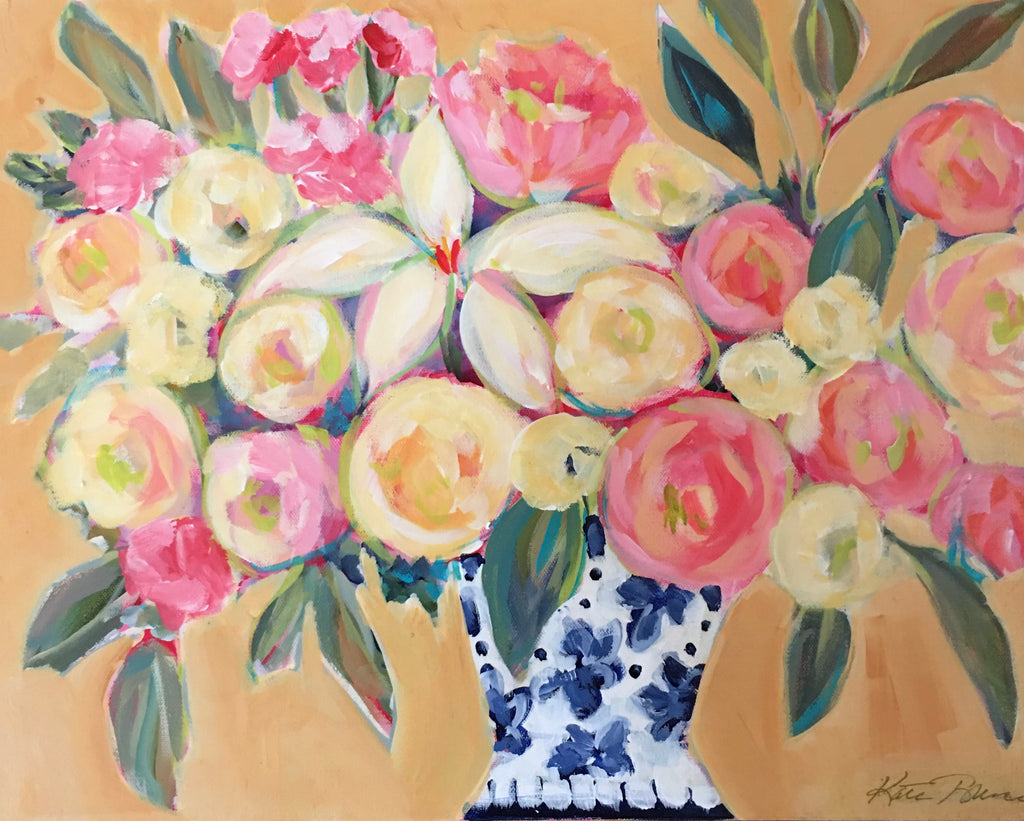 Blue and White Flowered Vase, 16x20"